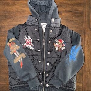 Vintage Don Ed Hardy Black “Born Free” Kids Sz L Embroidered Puffer W Hoodie Y2K